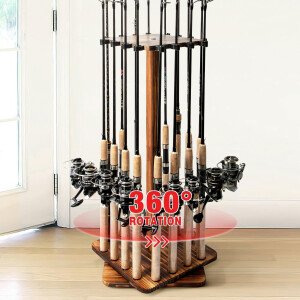 Ghosthorn Soporte para caña de pescar para garaje giratorio de 360 grados, soporte de suelo con capacidad para hasta 16 cañas, equipo de pesca de madera, organizador de almacenamiento, regalos de