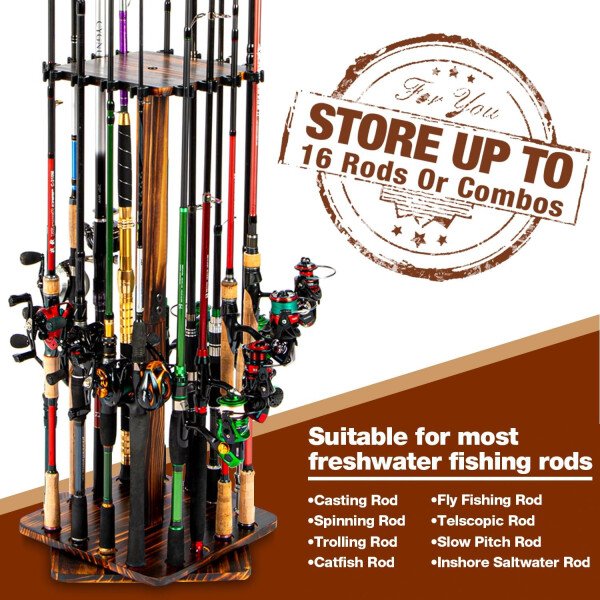 Ghosthorn Soporte para caña de pescar para garaje giratorio de 360 grados, soporte de suelo con capacidad para hasta 16 cañas, equipo de pesca de madera, organizador de almacenamiento, regalos de - Imagen 3