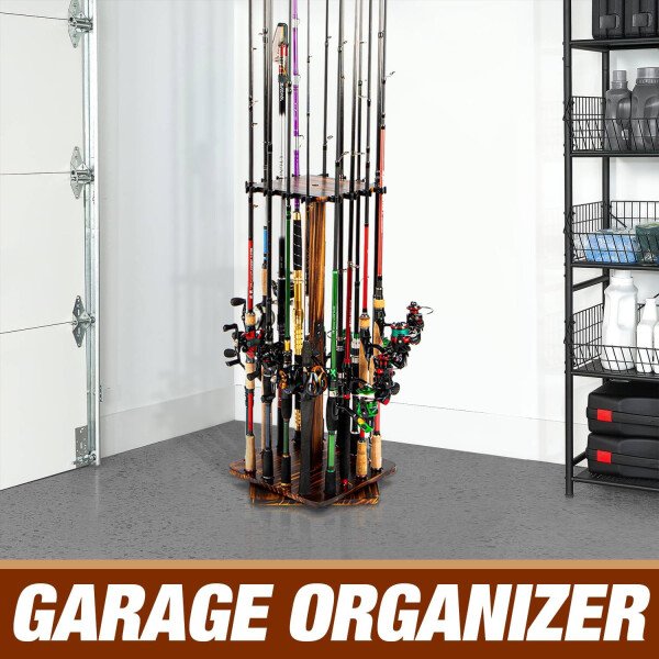 Ghosthorn Soporte para caña de pescar para garaje giratorio de 360 grados, soporte de suelo con capacidad para hasta 16 cañas, equipo de pesca de madera, organizador de almacenamiento, regalos de - Imagen 5