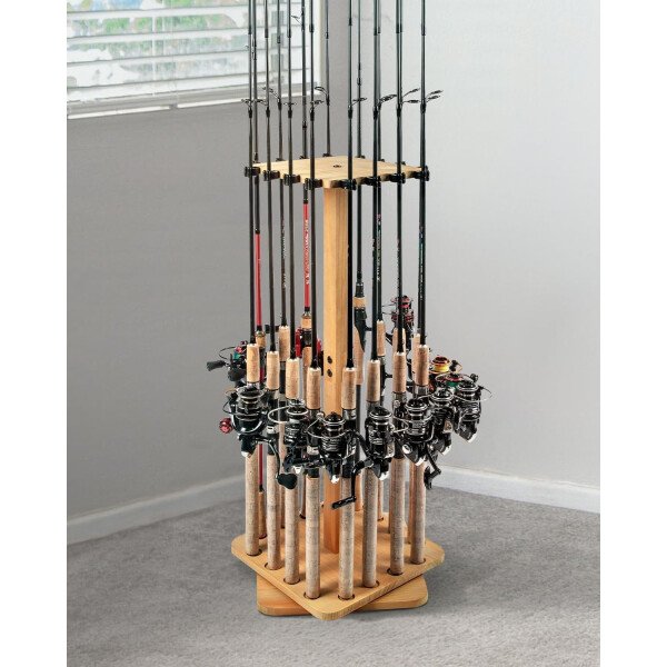 Ghosthorn Soporte para caña de pescar para garaje giratorio de 360 grados, soporte de suelo con capacidad para hasta 16 cañas, equipo de pesca de madera, organizador de almacenamiento, regalos de - Imagen 7