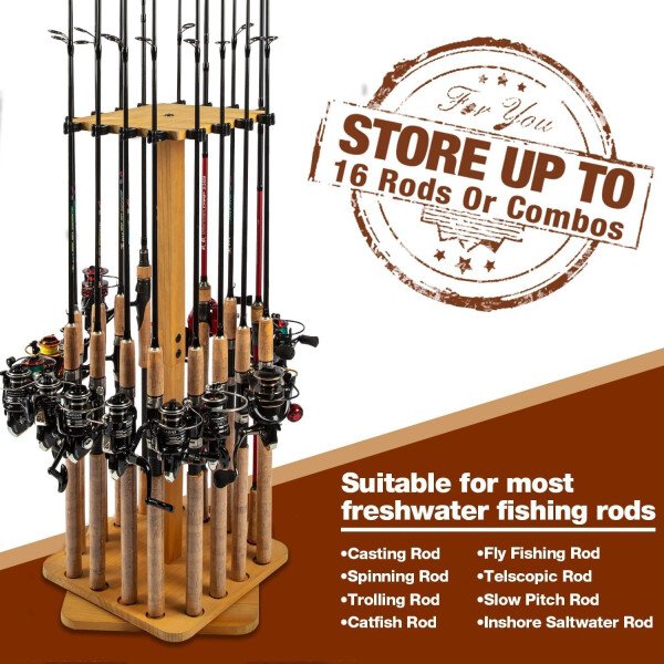 Ghosthorn Soporte para caña de pescar para garaje giratorio de 360 grados, soporte de suelo con capacidad para hasta 16 cañas, equipo de pesca de madera, organizador de almacenamiento, regalos de - Imagen 9