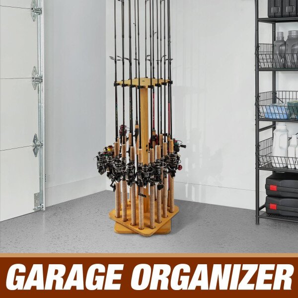 Ghosthorn Soporte para caña de pescar para garaje giratorio de 360 grados, soporte de suelo con capacidad para hasta 16 cañas, equipo de pesca de madera, organizador de almacenamiento, regalos de - Imagen 11