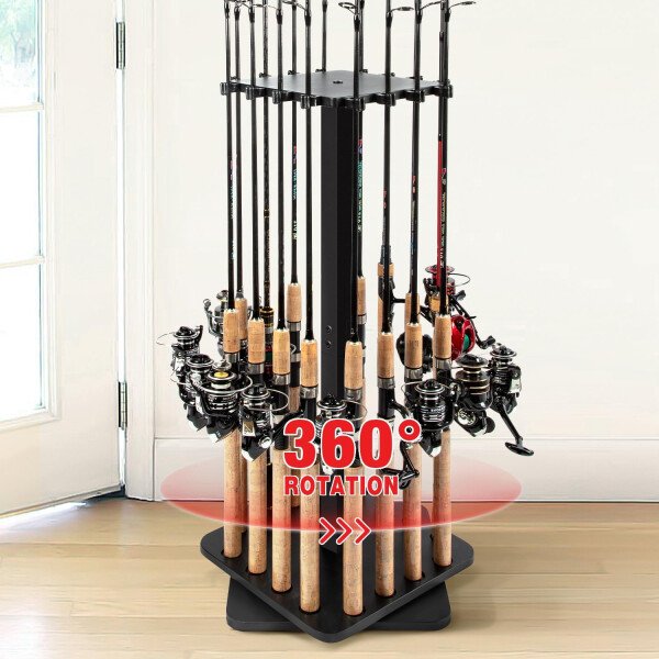 Ghosthorn Soporte para caña de pescar para garaje giratorio de 360 grados, soporte de suelo con capacidad para hasta 16 cañas, equipo de pesca de madera, organizador de almacenamiento, regalos de - Imagen 13