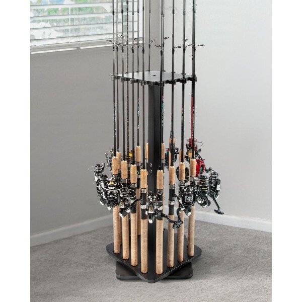 Ghosthorn Soporte para caña de pescar para garaje giratorio de 360 grados, soporte de suelo con capacidad para hasta 16 cañas, equipo de pesca de madera, organizador de almacenamiento, regalos de - Imagen 14