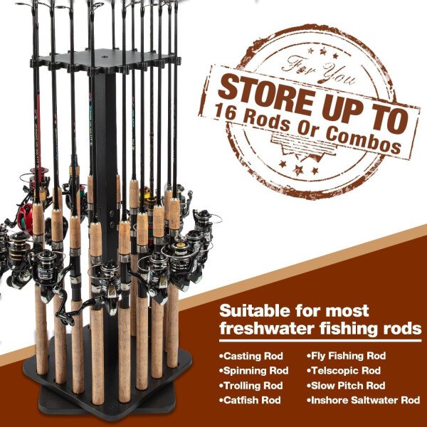 Ghosthorn Soporte para caña de pescar para garaje giratorio de 360 grados, soporte de suelo con capacidad para hasta 16 cañas, equipo de pesca de madera, organizador de almacenamiento, regalos de - Imagen 16