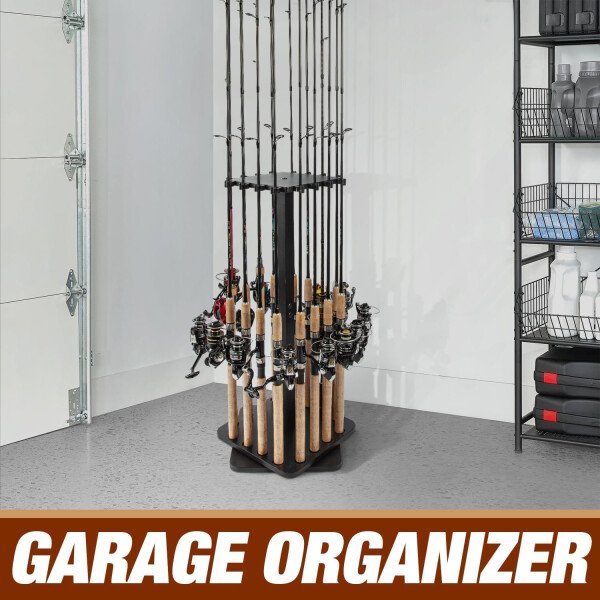 Ghosthorn Soporte para caña de pescar para garaje giratorio de 360 grados, soporte de suelo con capacidad para hasta 16 cañas, equipo de pesca de madera, organizador de almacenamiento, regalos de - Imagen 18