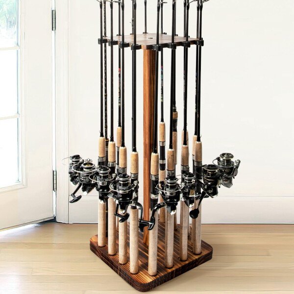 Ghosthorn Soporte para caña de pescar para garaje giratorio de 360 grados, soporte de suelo con capacidad para hasta 16 cañas, equipo de pesca de madera, organizador de almacenamiento, regalos de - Imagen 20