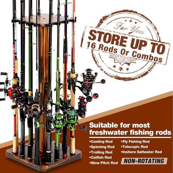 Ghosthorn Soporte para caña de pescar para garaje giratorio de 360 grados, soporte de suelo con capacidad para hasta 16 cañas, equipo de pesca de madera, organizador de almacenamiento, regalos de - Imagen 21