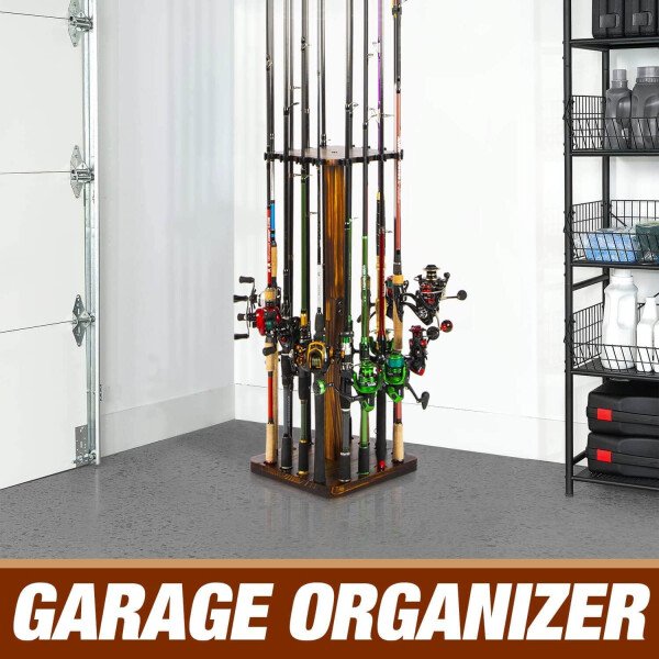 Ghosthorn Soporte para caña de pescar para garaje giratorio de 360 grados, soporte de suelo con capacidad para hasta 16 cañas, equipo de pesca de madera, organizador de almacenamiento, regalos de - Imagen 25