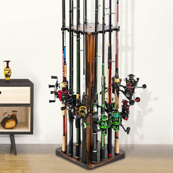Ghosthorn Soporte para caña de pescar para garaje giratorio de 360 grados, soporte de suelo con capacidad para hasta 16 cañas, equipo de pesca de madera, organizador de almacenamiento, regalos de - Imagen 26