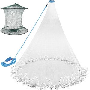 Neween Red de fundición para pesca con jaula de camarones, agua dulce americana de agua salada de 3/4/5/6/7/8/9/10 pies, trampa de cebo de red de fundición de radio, fregadero de zinc resistente,