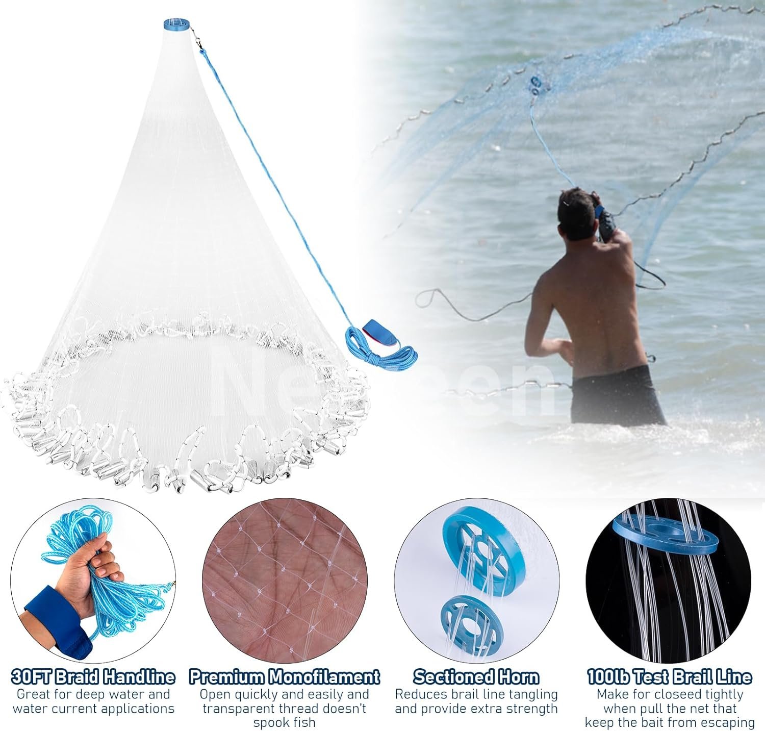 Neween Red de fundición para pesca con jaula de camarones, agua dulce americana de agua salada de 3/4/5/6/7/8/9/10 pies, trampa de cebo de red de fundición de radio, fregadero de zinc resistente, - Imagen 5
