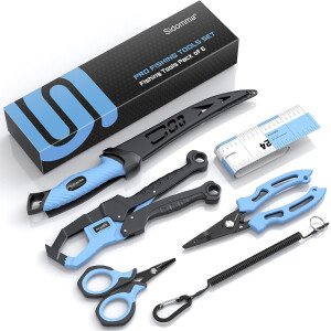 Equipo de pesca profesional y herramientas de herramientas Kit de accesorios con alicates de pesca, cuchillo de filete, tijeras, pinza de labios de pescado, regla de pescado, regalos de pesca