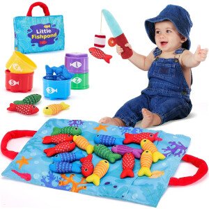 Juguetes para niños pequeños, juego de pesca de tela, juguetes para bebés de 6 a 12 meses, juguetes Montessori 10 en 1 para niños de 1, 2, 3 años, juego de 22 juguetes de pesca de tela, regalo para