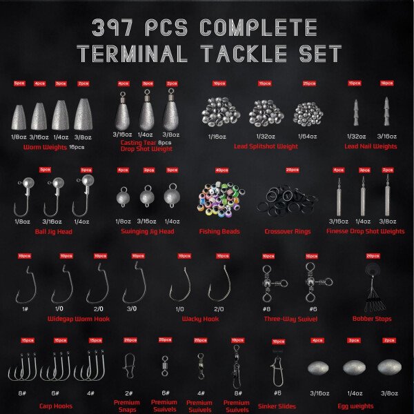 Kit de accesorios de pesca, caja de aparejos de pesca 264/397 piezas con ganchos, pesas, plomos para trucha lubina, regalos para hombres, niños - Imagen 3