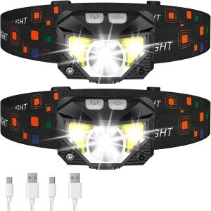 LHKNL Linterna de faro delantero, 1200 lúmenes, linterna LED brillante recargable con luz blanca y roja, paquete de 2 lámparas de cabeza impermeables con sensor de movimiento, 8 modos para acampar al