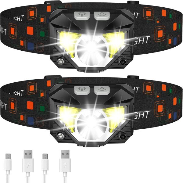 LHKNL Linterna de faro delantero, 1200 lúmenes, linterna LED brillante recargable con luz blanca y roja, paquete de 2 lámparas de cabeza impermeables con sensor de movimiento, 8 modos para acampar al
