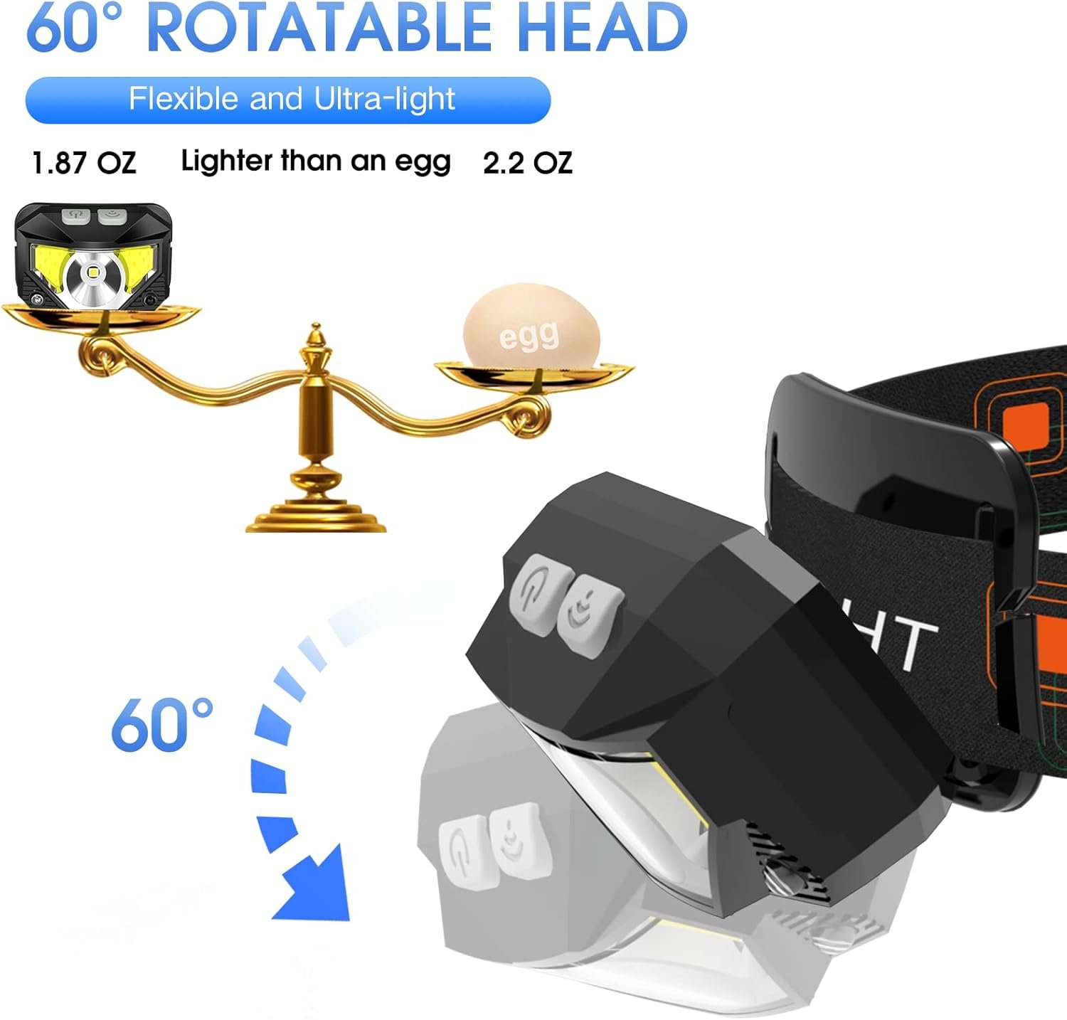 LHKNL Linterna de faro delantero, 1200 lúmenes, linterna LED brillante recargable con luz blanca y roja, paquete de 2 lámparas de cabeza impermeables con sensor de movimiento, 8 modos para acampar al - Imagen 5