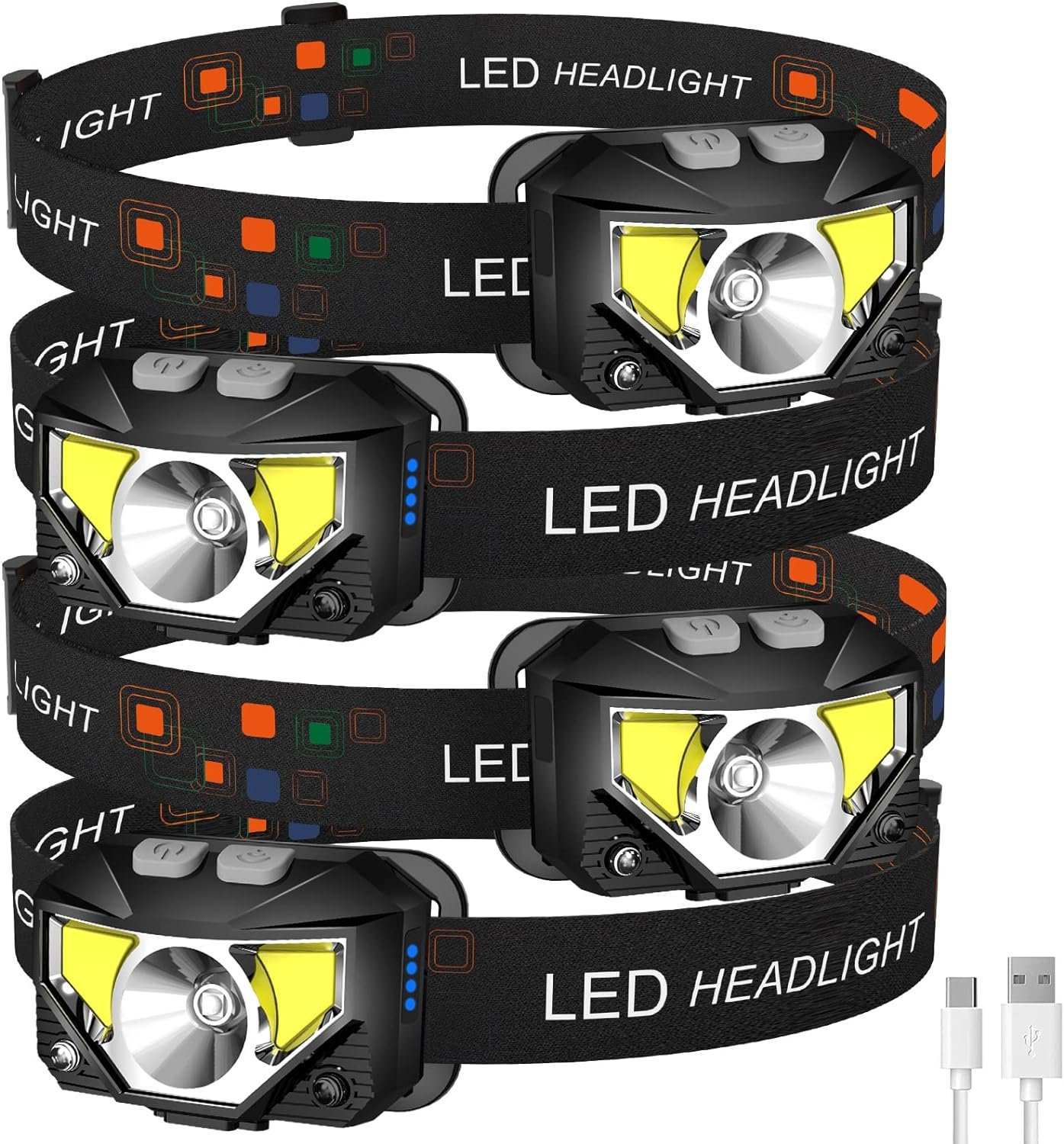 LHKNL Linterna de faro delantero, 1200 lúmenes, linterna LED brillante recargable con luz blanca y roja, paquete de 2 lámparas de cabeza impermeables con sensor de movimiento, 8 modos para acampar al - Imagen 7