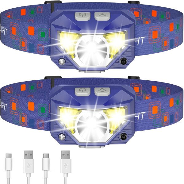 LHKNL Linterna de faro delantero, 1200 lúmenes, linterna LED brillante recargable con luz blanca y roja, paquete de 2 lámparas de cabeza impermeables con sensor de movimiento, 8 modos para acampar al - Imagen 9