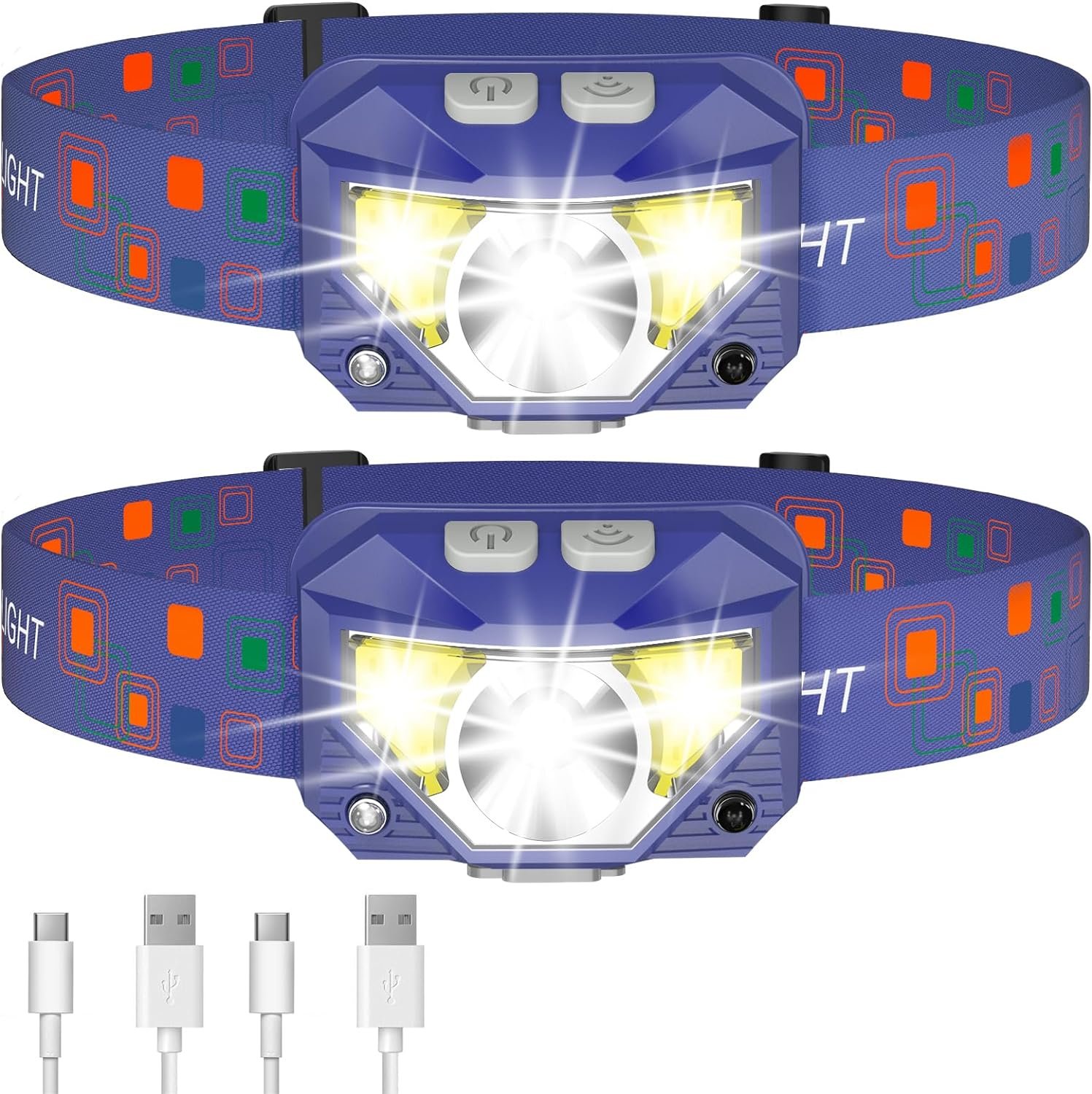LHKNL Linterna de faro delantero, 1200 lúmenes, linterna LED brillante recargable con luz blanca y roja, paquete de 2 lámparas de cabeza impermeables con sensor de movimiento, 8 modos para acampar al - Imagen 9