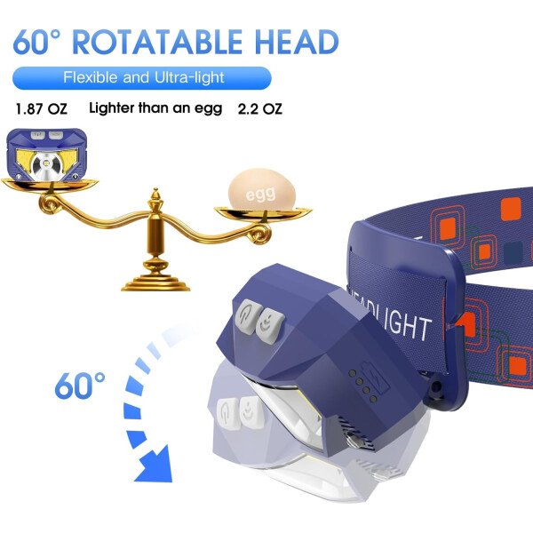 LHKNL Linterna de faro delantero, 1200 lúmenes, linterna LED brillante recargable con luz blanca y roja, paquete de 2 lámparas de cabeza impermeables con sensor de movimiento, 8 modos para acampar al - Imagen 13