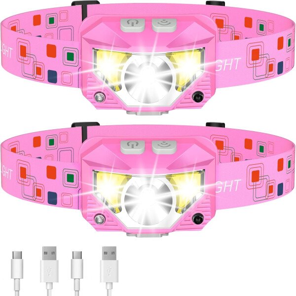 LHKNL Linterna de faro delantero, 1200 lúmenes, linterna LED brillante recargable con luz blanca y roja, paquete de 2 lámparas de cabeza impermeables con sensor de movimiento, 8 modos para acampar al - Imagen 15