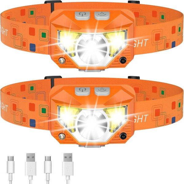 LHKNL Linterna de faro delantero, 1200 lúmenes, linterna LED brillante recargable con luz blanca y roja, paquete de 2 lámparas de cabeza impermeables con sensor de movimiento, 8 modos para acampar al - Imagen 21
