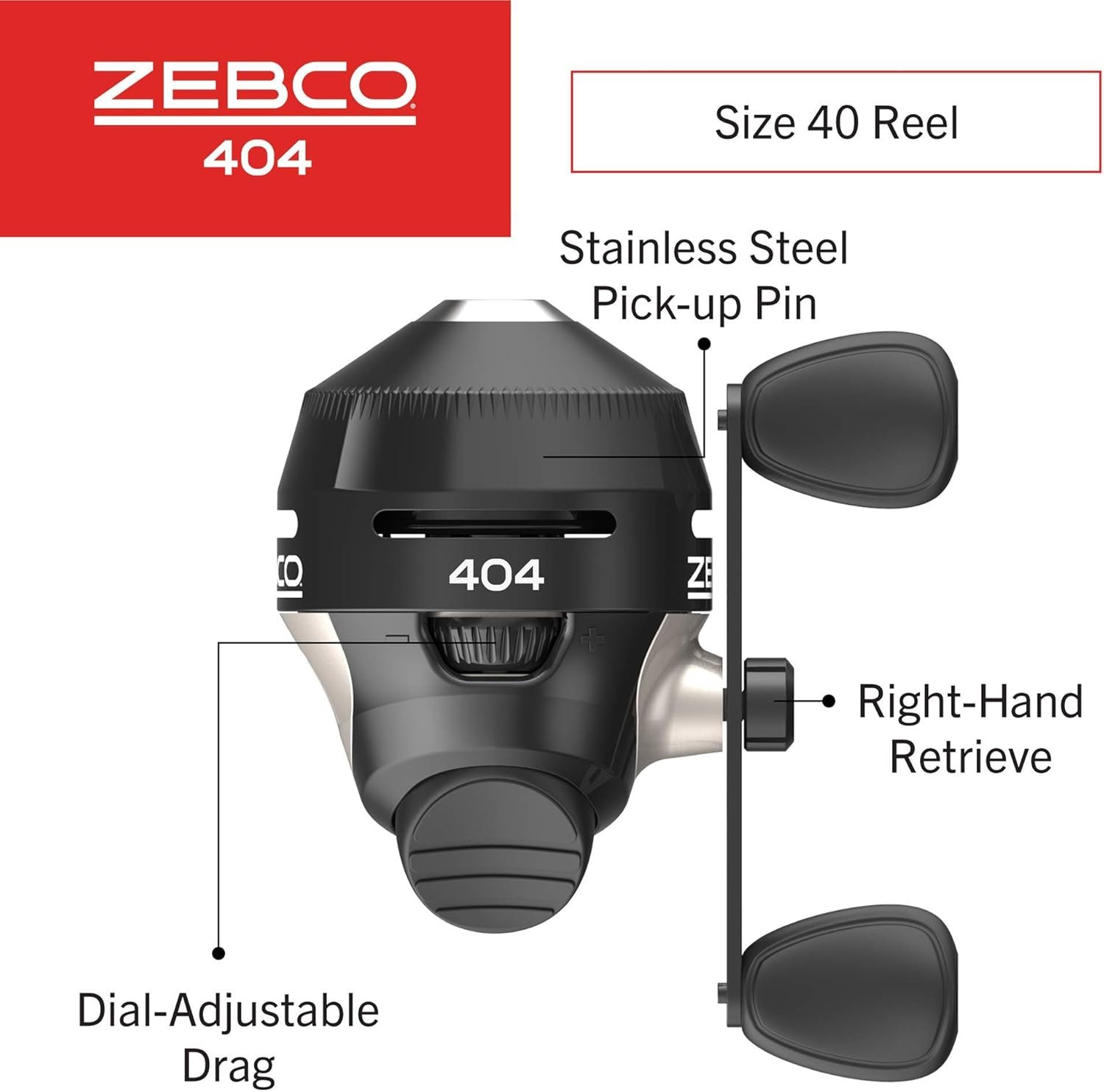 Zebco 404 Spincast - Carrete de pesca, carrete tamaño 40, recuperación a la derecha, alerta de mordida integrada, engranajes totalmente metálicos duraderos, pasador de recogida de acero inoxidable, predistribuido con línea de pesca Zebco de 15 libras, color negro - Imagen 2