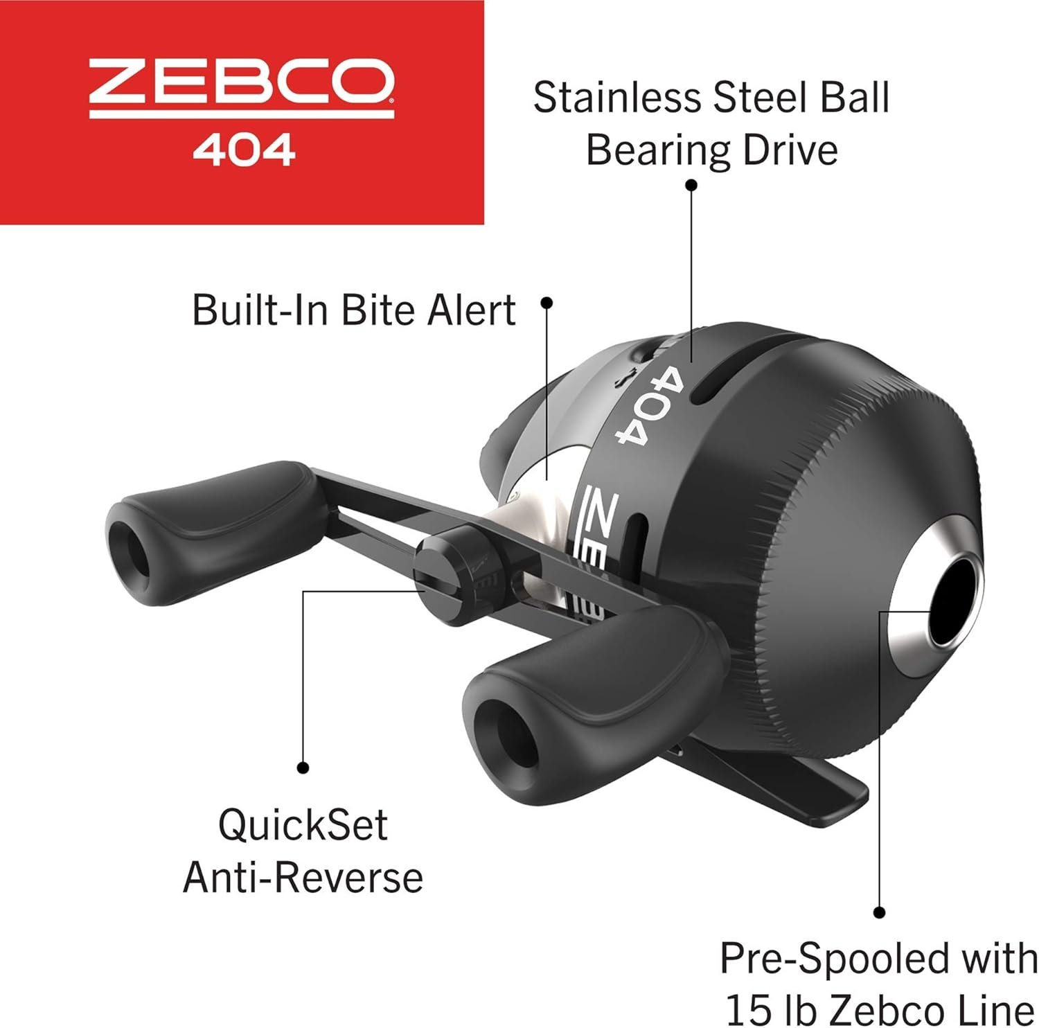Zebco 404 Spincast - Carrete de pesca, carrete tamaño 40, recuperación a la derecha, alerta de mordida integrada, engranajes totalmente metálicos duraderos, pasador de recogida de acero inoxidable, predistribuido con línea de pesca Zebco de 15 libras, color negro - Imagen 3
