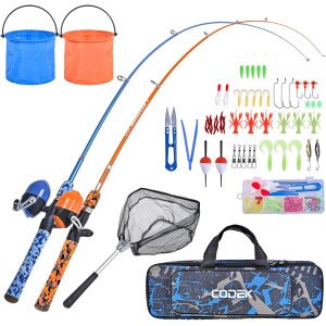 CODEK Juego de caña de pescar para niños con kits completos de iniciación, 2 juegos de caña de pescar telescópica portátil y carrete Spincast Cambos con una red de pesca y 2 cubos para niños niñas y
