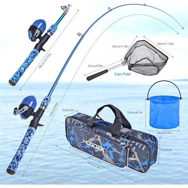 CODEK Juego de caña de pescar para niños con kits completos de iniciación, 2 juegos de caña de pescar telescópica portátil y carrete Spincast Cambos con una red de pesca y 2 cubos para niños niñas y - Imagen 4
