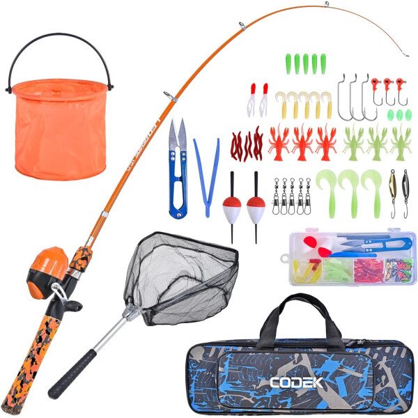 CODEK Juego de caña de pescar para niños con kits completos de iniciación, 2 juegos de caña de pescar telescópica portátil y carrete Spincast Cambos con una red de pesca y 2 cubos para niños niñas y - Imagen 7
