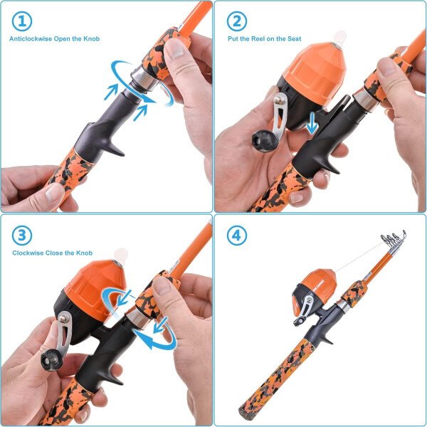 CODEK Juego de caña de pescar para niños con kits completos de iniciación, 2 juegos de caña de pescar telescópica portátil y carrete Spincast Cambos con una red de pesca y 2 cubos para niños niñas y - Imagen 9