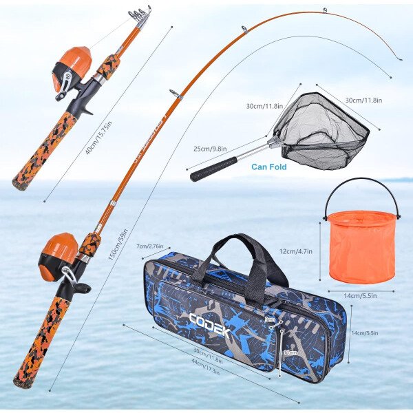 CODEK Juego de caña de pescar para niños con kits completos de iniciación, 2 juegos de caña de pescar telescópica portátil y carrete Spincast Cambos con una red de pesca y 2 cubos para niños niñas y - Imagen 10