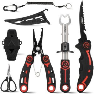RUNCL - Juego de herramientas de pesca de 4 piezas, alicates de pesca, cuchillo de filete de pescado con afilador, pinza de labios de pescado, tijeras de trenza de pesca, equipo de pesca de agua