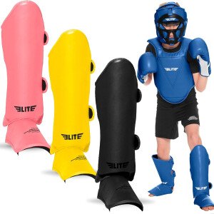 Elite Sports Muay Thai MMA Kickboxing - Espinilleras para niños y niñas de 4 a 14 años, protector de empeine protector para piernas para niños
