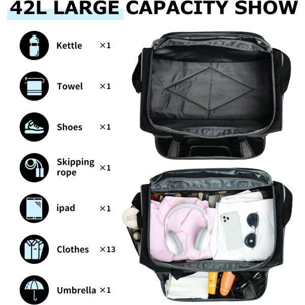 Bolsa de gimnasio para hombre, 21 pulgadas, grande, para viajes y deportes, Negro - - Imagen 11