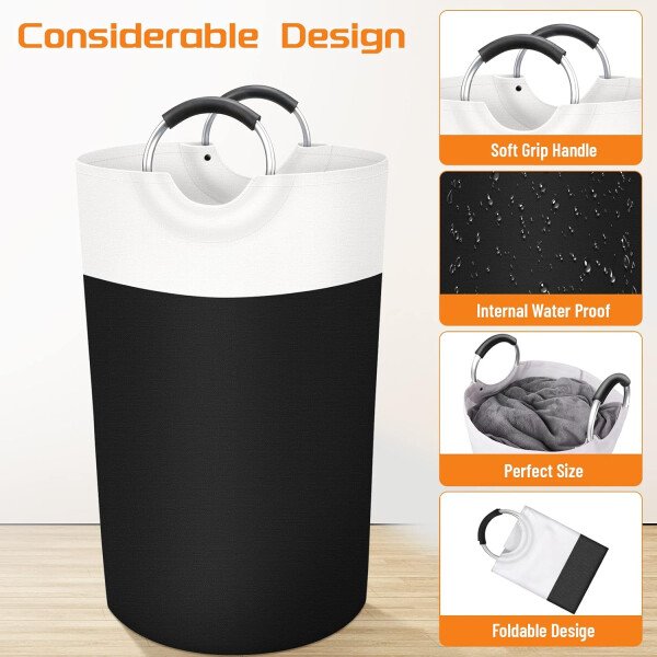 BlissTotes - Canasta de lavandería plegable para ropa sucia, tela impermeable con asas de aluminio protegidas de espuma para la universidad, dormitorio, familia, 90 litros, color negro - Imagen 3