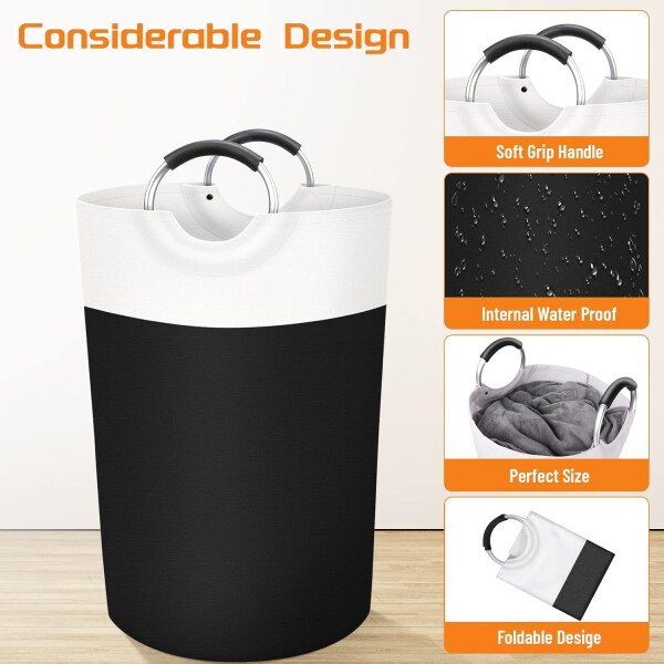 BlissTotes - Canasta de lavandería plegable para ropa sucia, tela impermeable con asas de aluminio protegidas de espuma para la universidad, dormitorio, familia, 90 litros, color negro - Imagen 73