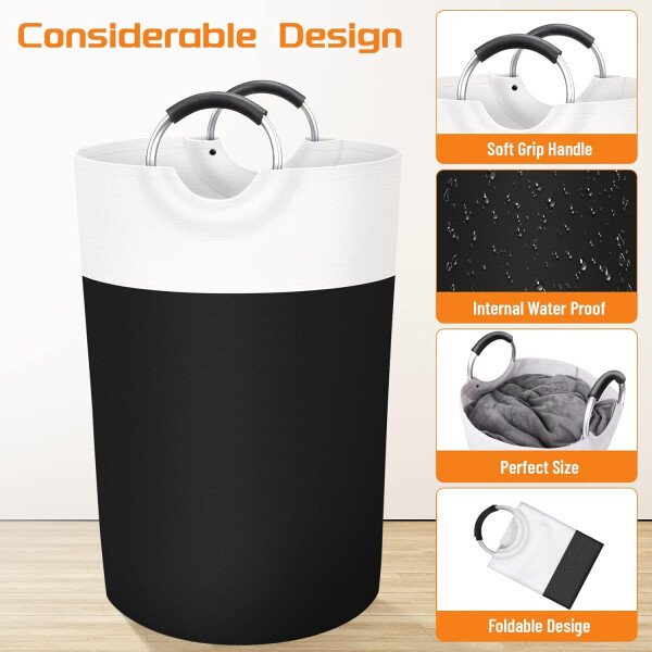 BlissTotes - Canasta de lavandería plegable para ropa sucia, tela impermeable con asas de aluminio protegidas de espuma para la universidad, dormitorio, familia, 90 litros, color negro - Imagen 87
