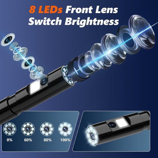 Cámara endoscopio de doble lente con luz, cámara de inspección de serpiente, boroscopio HD 1920P de 4.3 pulgadas, IP67 impermeable, 8 LED ajustables, kit de herramientas semirrígidas de 16.4 pies para - Imagen 4