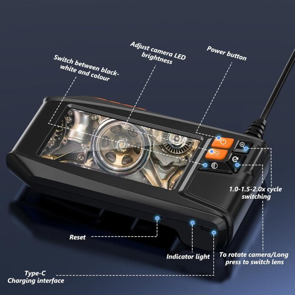Cámara endoscopio de doble lente con luz, cámara de inspección de serpiente, boroscopio HD 1920P de 4.3 pulgadas, IP67 impermeable, 8 LED ajustables, kit de herramientas semirrígidas de 16.4 pies para - Imagen 9
