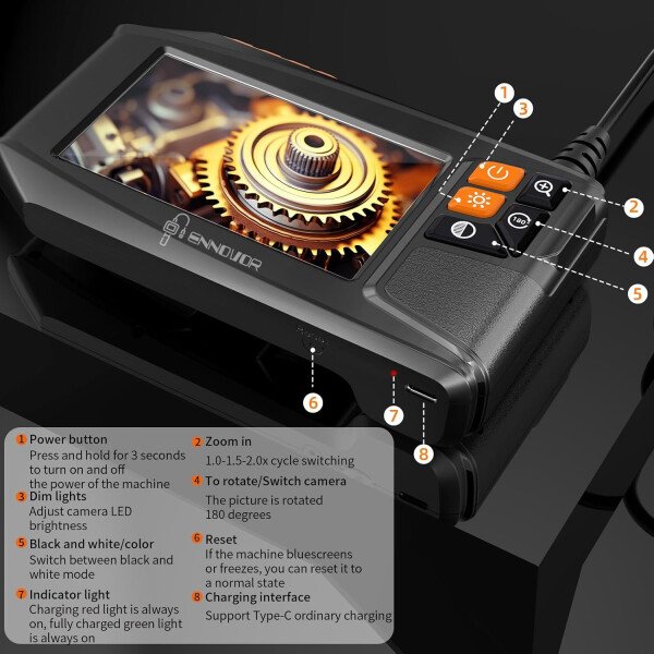 Cámara endoscopio de doble lente con luz, cámara de inspección de serpiente, boroscopio HD 1920P de 4.3 pulgadas, IP67 impermeable, 8 LED ajustables, kit de herramientas semirrígidas de 16.4 pies para - Imagen 16