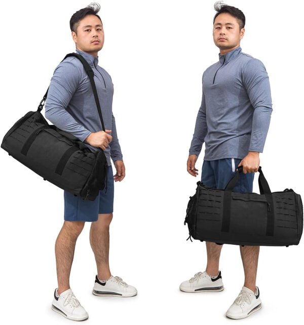 QT&QY Bolsa de lona táctica militar de 40 litros para hombres, bolsa de gimnasio, bolsa de viaje, bolsa de entrenamiento con compartimento para zapatos, bolsa de baloncesto, fútbol, fin de semana, Negro, Bolsa de lona para gimnasio - Imagen 7