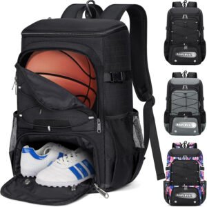 RAINSMORE Mochila de baloncesto de 45 litros con soporte separado para pelotas y compartimento para zapatos, bolsa deportiva resistente al agua, bolsas de equipo de baloncesto, para voleibol, fútbol,