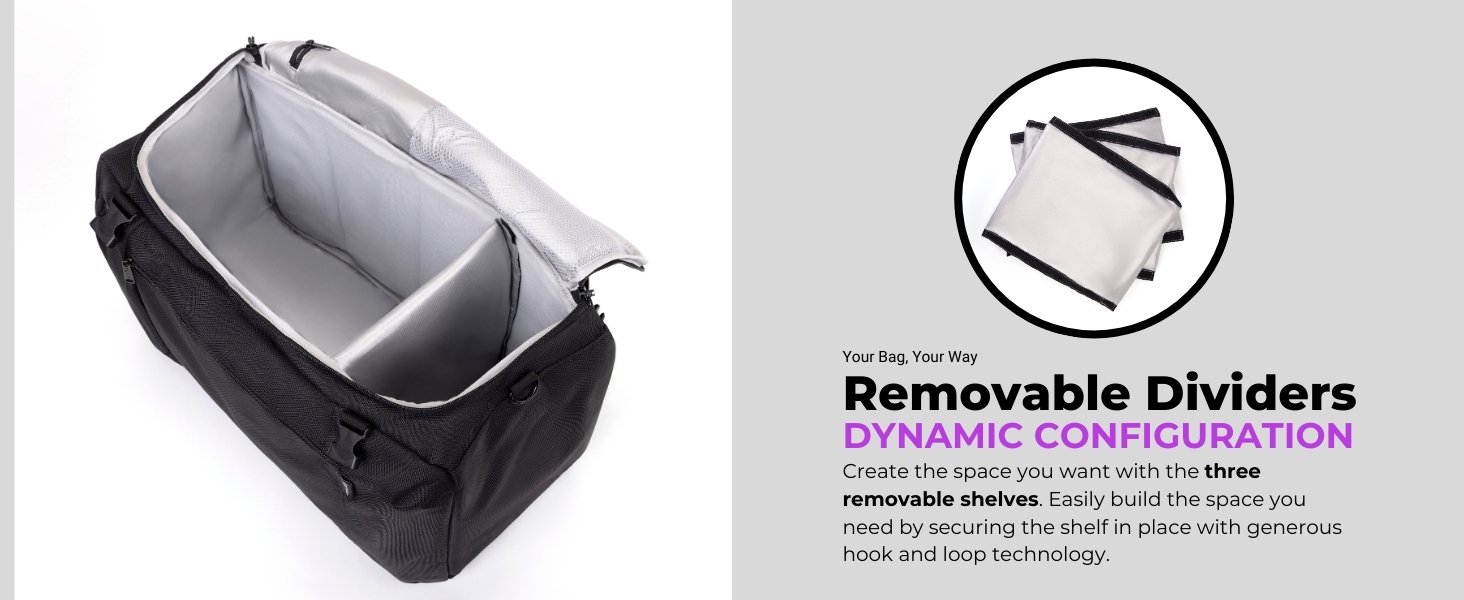 3 dynamic dividers to configure the bag anyway you want. Hook and loop keep shelves in place