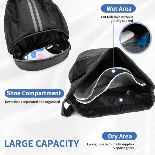 Mochila de gimnasio con cordón y compartimento para zapatos para fútbol, baloncesto, natación y playa, ideal para hombres y mujeres, Negro -, Grande, Moderno - Imagen 3