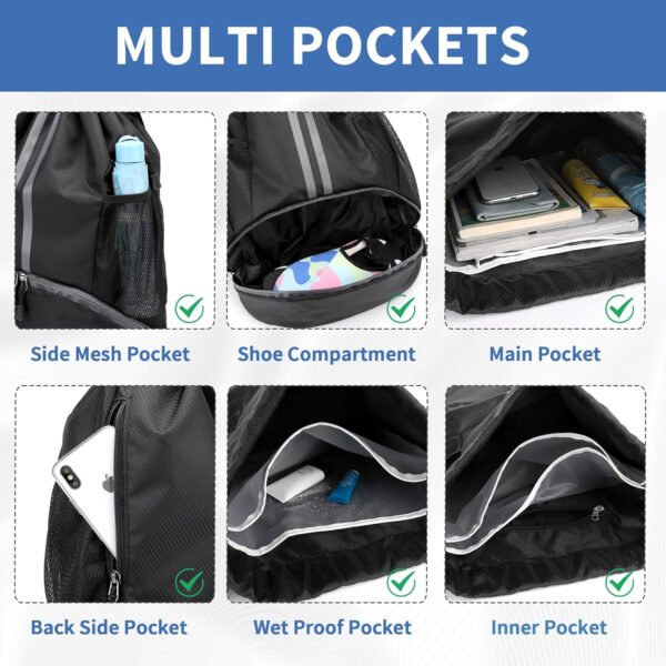 Mochila de gimnasio con cordón y compartimento para zapatos para fútbol, baloncesto, natación y playa, ideal para hombres y mujeres, Negro -, Grande, Moderno - Imagen 4