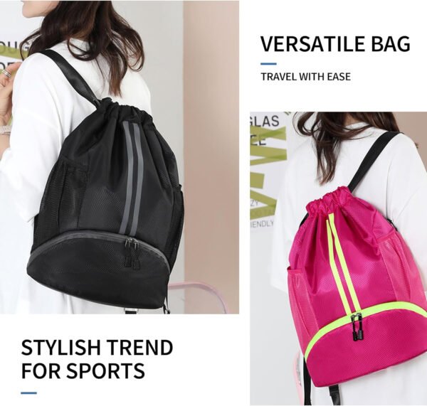 Mochila de gimnasio con cordón y compartimento para zapatos para fútbol, baloncesto, natación y playa, ideal para hombres y mujeres, Negro -, Grande, Moderno - Imagen 7